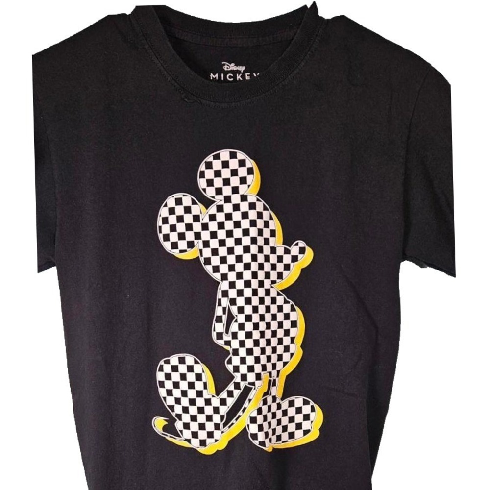 Disney‎ Mickey Mouse Black Checkered Graphic Tee Back Tie Knot Shirt Small Retro
